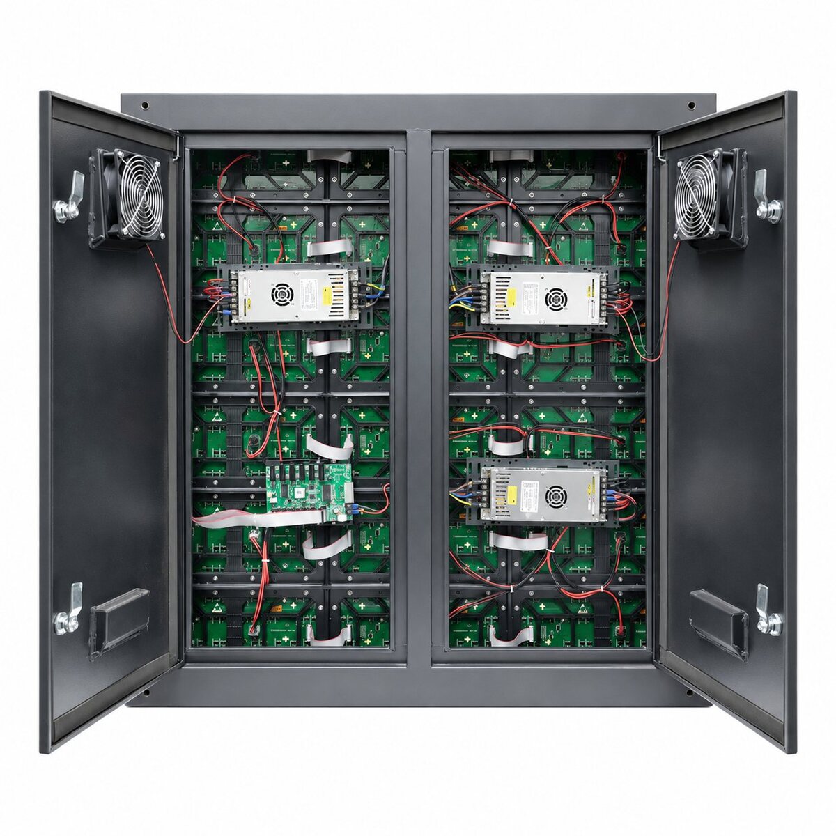 Geopend traditioneel ledschermcabinet met voedingen, ventilatoren, ontvangstkaart, modules en bekabeling