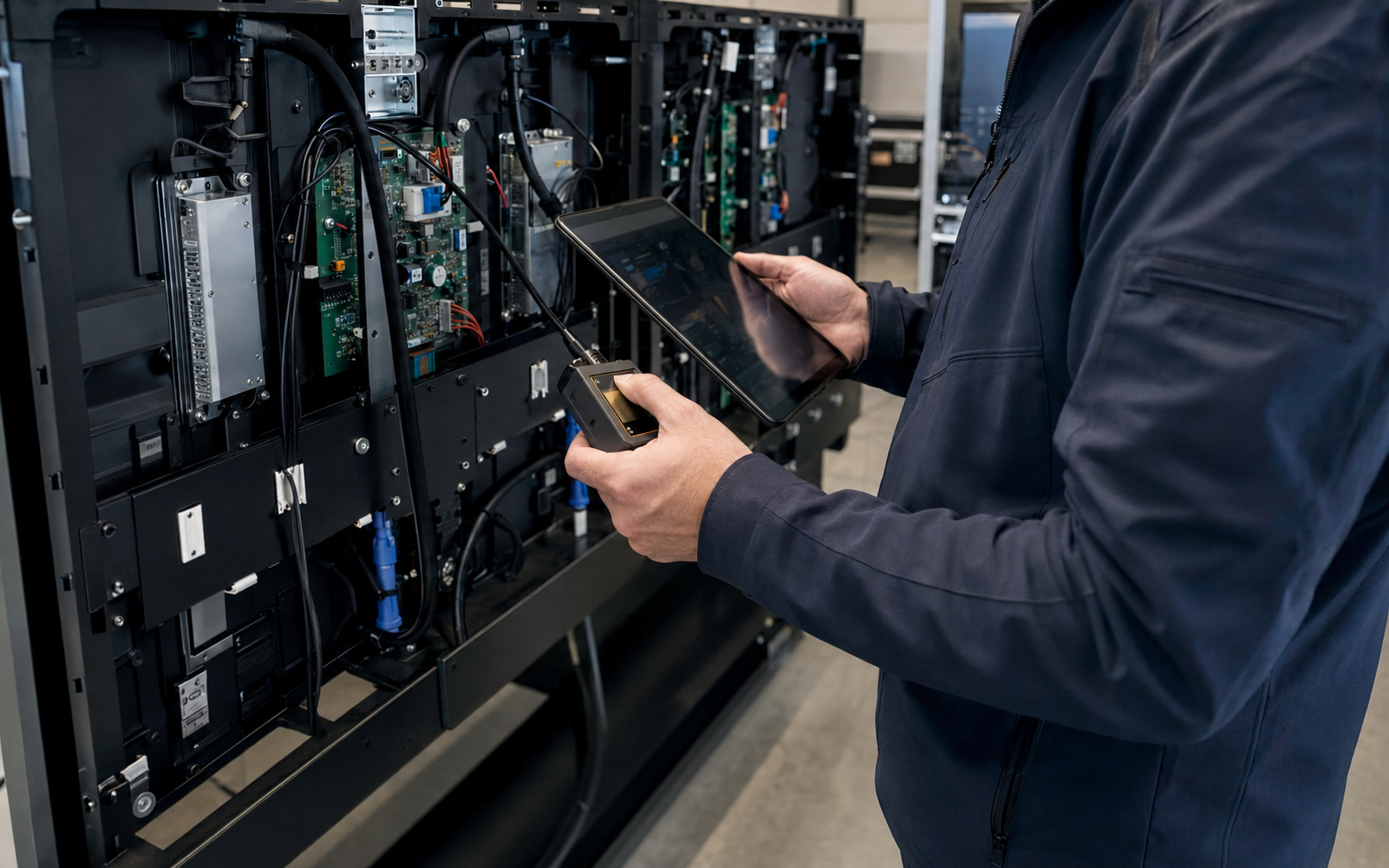 Adviseur inspecteert de achterzijde van professionele LED-cabinets