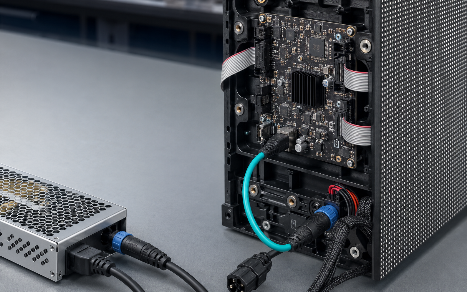 Detail van LED-module, ontvangstkaart en voeding